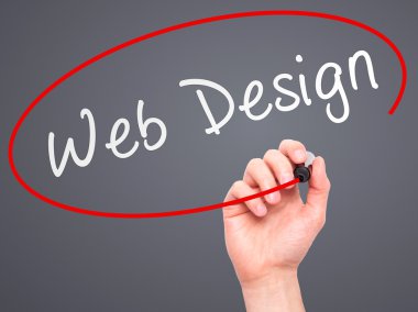Man Hand writing Web Design with marker on transparent wipe boar