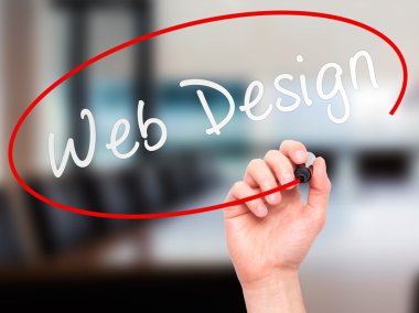 Man Hand writing Web Design with marker on transparent wipe boar
