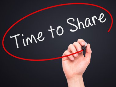 Man hand writing Time to Share on visual screen