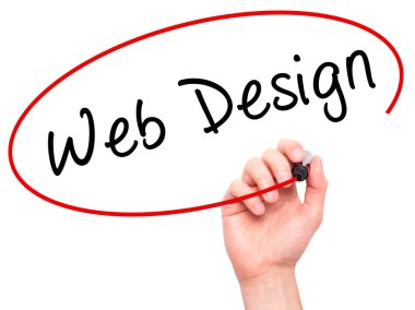 Man Hand writing Web Design with marker on transparent wipe boar