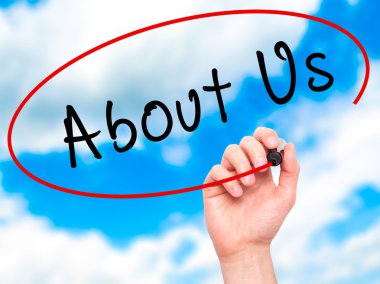 Man Hand writing About Us with marker on transparent wipe board