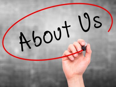 Man Hand writing About Us with marker on transparent wipe board