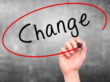 Man Hand writing Change with marker on transparent wipe board