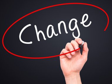 Man Hand writing Change with marker on transparent wipe board