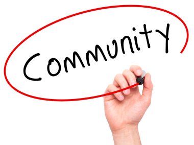 Man Hand writing Community with marker on transparent wipe board