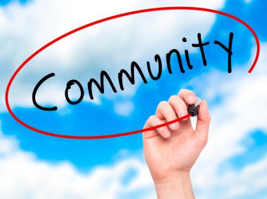 Man Hand writing Community with marker on transparent wipe board