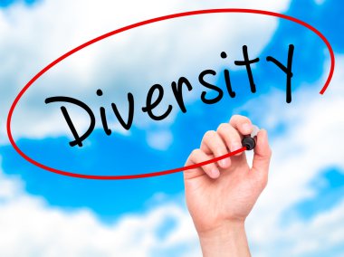 Man Hand writing Diversity with marker on transparent wipe board