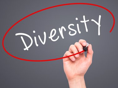 Man Hand writing Diversity with marker on transparent wipe board