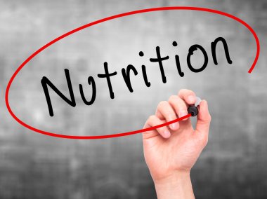 Man Hand writing Nutrition with marker on transparent wipe board