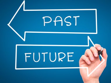 Man Hand writing Past and Future with marker on transparent wipe