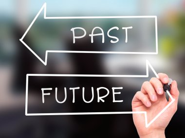 Man Hand writing Past and Future with marker on transparent wipe