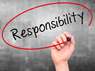 Man hand writing Responsibility on visual screen