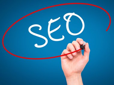 Adam el SEO marker ile şeffaf silme tahtada yazılı.