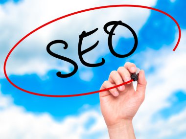 Adam el SEO marker ile şeffaf silme tahtada yazılı.