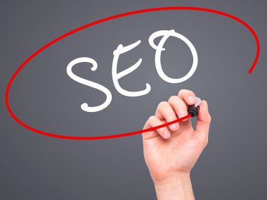 Adam el SEO marker ile şeffaf silme tahtada yazılı.