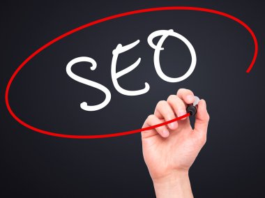Adam el SEO marker ile şeffaf silme tahtada yazılı.
