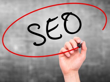 Adam el SEO marker ile şeffaf silme tahtada yazılı.