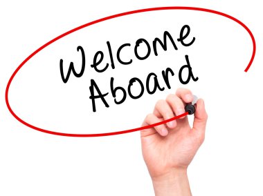 Man hand writing Welcome Aboard on visual screen
