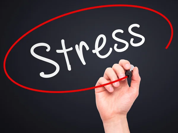 Man Hand writing Stress with marker on transparent wipe board — Stockfoto