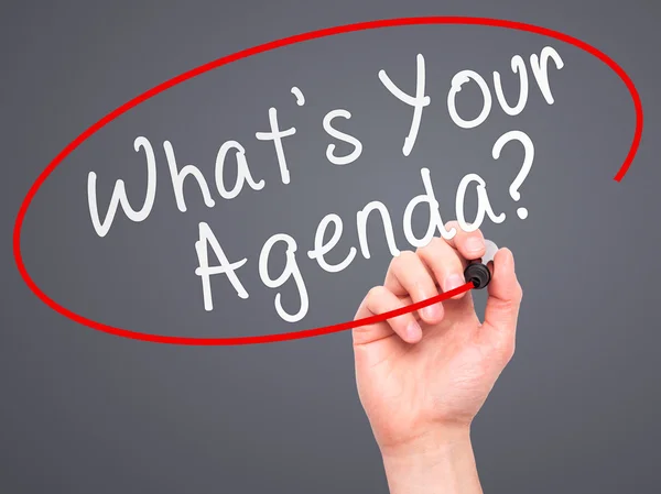 stock image Man Hand writing What's Your Agenda with marker on transparent w