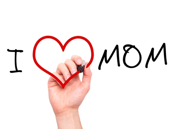 Man hand writing I Love Mom on visual screen — 图库照片