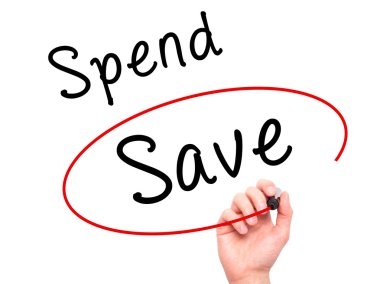 Man Hand writing and choosing Save instead of Spend with black m