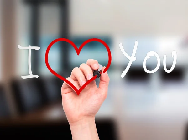 Adam el ı Love You görsel ekranda siyah kalemi ile yazma — Stok fotoğraf