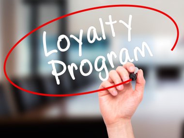 Man Hand writing Loyalty Program with black marker on visual scr