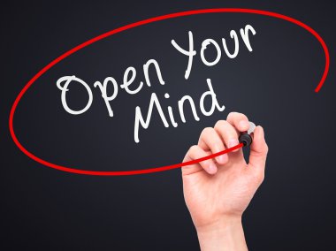 Man hand writing Open Your Mind with marker on transparent scree