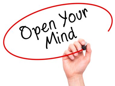 Man hand writing Open Your Mind with marker on transparent scree