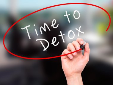 Man Hand writing Time to Detox  with marker on transparent wipe 