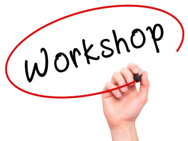 Adam el atölye marker ile şeffaf silme tahtada yazılı.