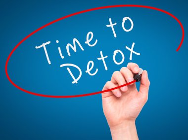 Man Hand writing Time to Detox  with marker on transparent wipe 