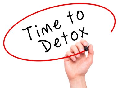 Man Hand writing Time to Detox  with marker on transparent wipe 