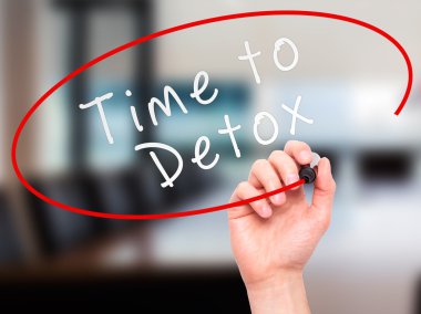 Man Hand writing Time to Detox  with marker on transparent wipe 