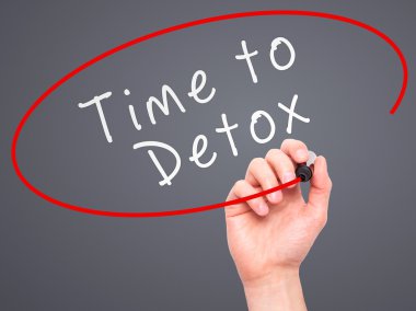 Man Hand writing Time to Detox  with marker on transparent wipe 