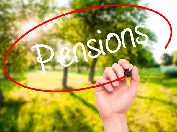 Man Hand writing Pensions with black marker on visual screen — Stock Photo, Image