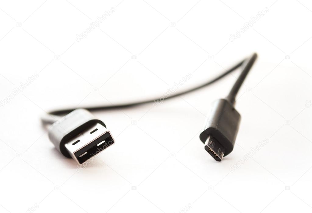 Micro USB cable close up on white background