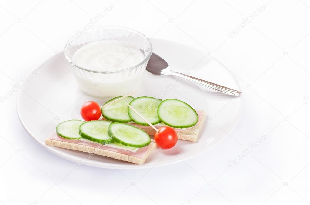 Diet sandwiches with yogurt, healthy food on white background
