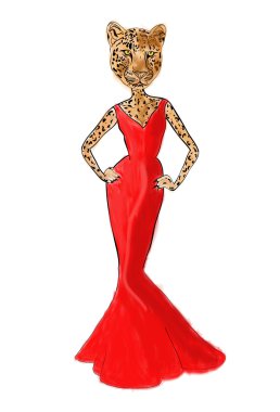 Leopard woman in red dress, fashion illustration vector