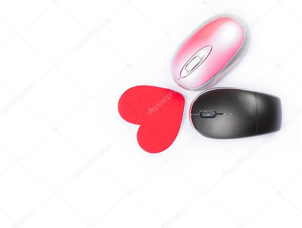 Computer mice with heart, virtual love concept