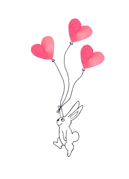 Conejo de Pascua volando con globos corazón de papel, ilustración — Foto de Stock
