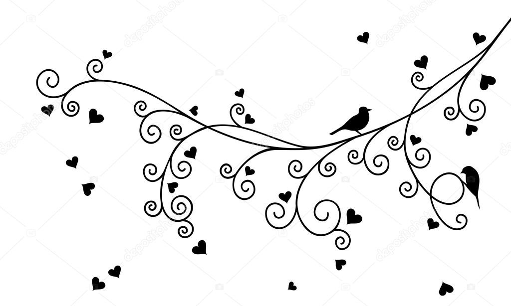 Vector illustration of abstract curly Valentine tree branch with hearts and two birds in black color.