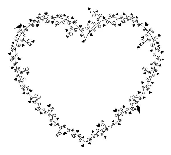Dia dos Namorados quadro vetorial para texto, composição de ramos de árvores encaracolados com muitos corações e dois pássaros no fundo branco . — Vetor de Stock