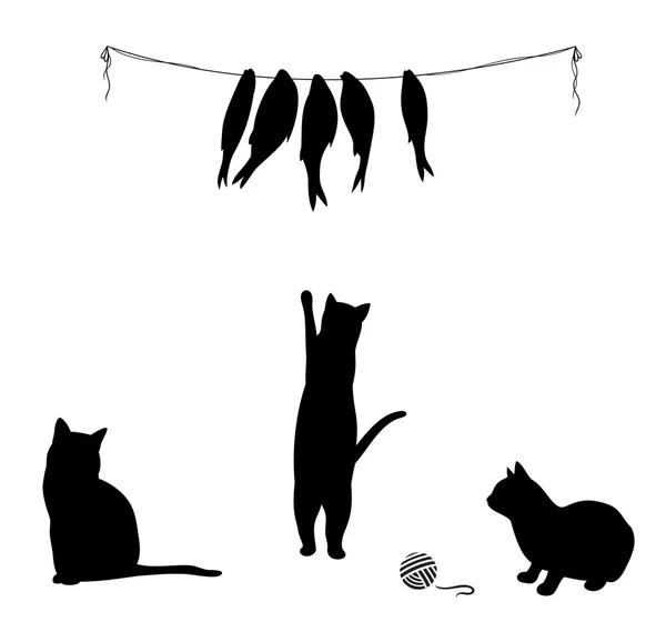 Кот лазает по сушеной рыбе, три кошачьих силуэта. Векторная иллюстрация . — стоковый вектор