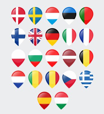 Avrupa ülkelerinin bayraklarıyla renklendirilmiş konum işaretleri