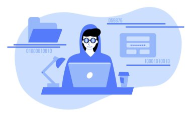 Bilgisayarla bilgisayar korsanlarının veri ve şifrelerini hacklediği bir resim. Hacker ile şık illüstrasyon