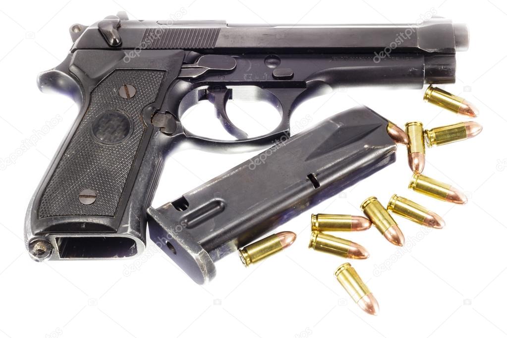 Guns and ammunition on white background