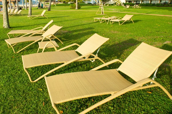 Bleekmiddel stoelen onder de palmboom de zonsondergang bekijken — Stockfoto