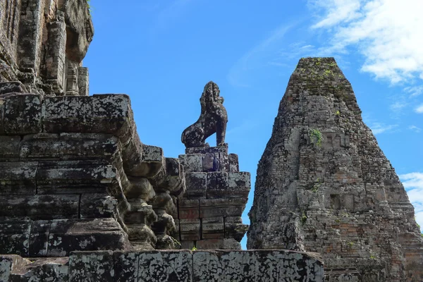 Stone lion sculpture stand in front of a temple — Stock Photo, Image